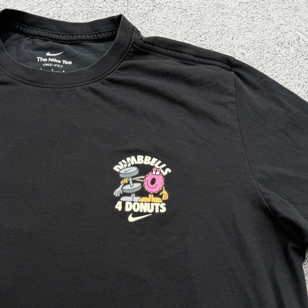 Nike Shirt Men Large Black Graphic Dumbells 4 Donuts Swoosh Gym Crew Dri Fit Tee